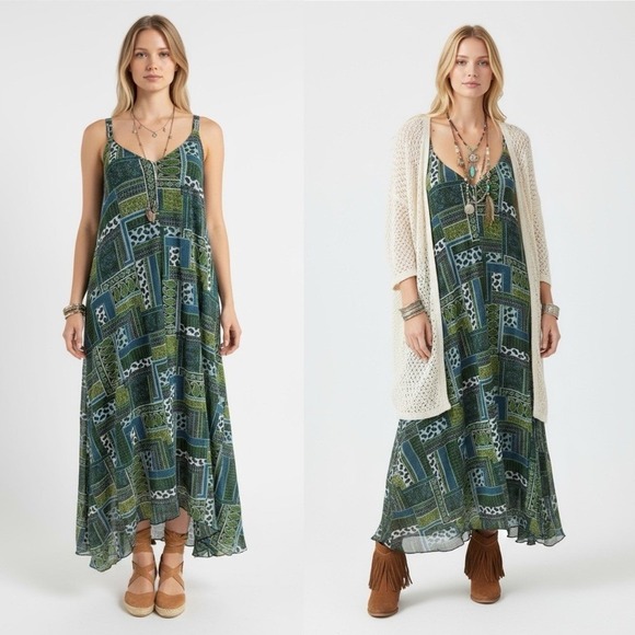 VTG Y2K Boho Dress XL Green Blue Patchwork Handkerchief Hem Flowy Light Fairy - Picture 1 of 13